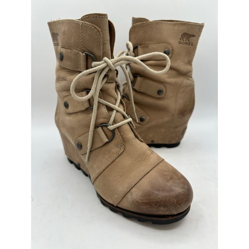 SOREL Joan of Arctic Lace up Wedge booties Ash Brown Leather Women’s 7.5